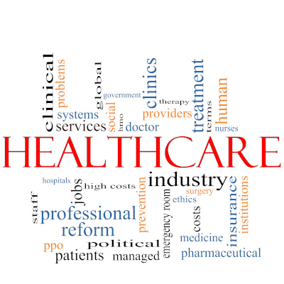 The word health care on a white baground with other related words brannching off of it