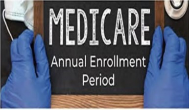 Nitrile Gloved Hands Holding Chalkboard with 'Medicare Annual Enrollment Period' Written