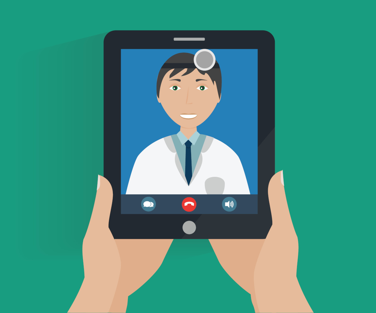 A cartoon of a person holding a tablet displaying a doctor in a video call